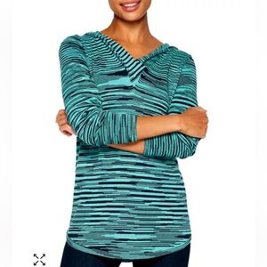 Nic + Zoe Vital Hoodie Sweater Turquoise & Navy Stripe size Medium